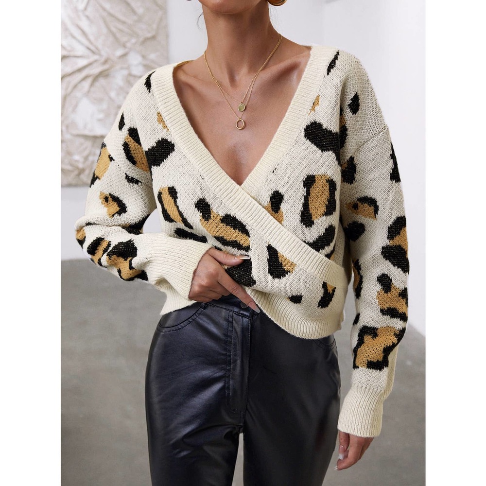 Faux wrap Leopard print v neck Overlap knit Sweater - Picture 4 of 5